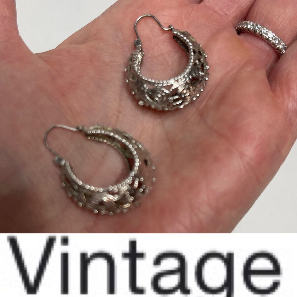 Vintage Silver Tone Filigree Hoop Earrings - Picture 3 of 7